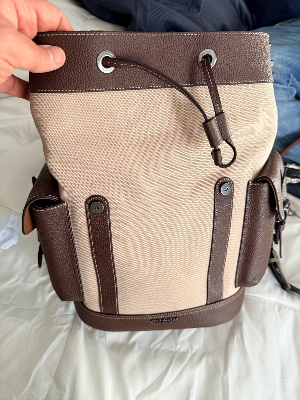 Men's Beige and Brown Canvas Drawstring Backpack